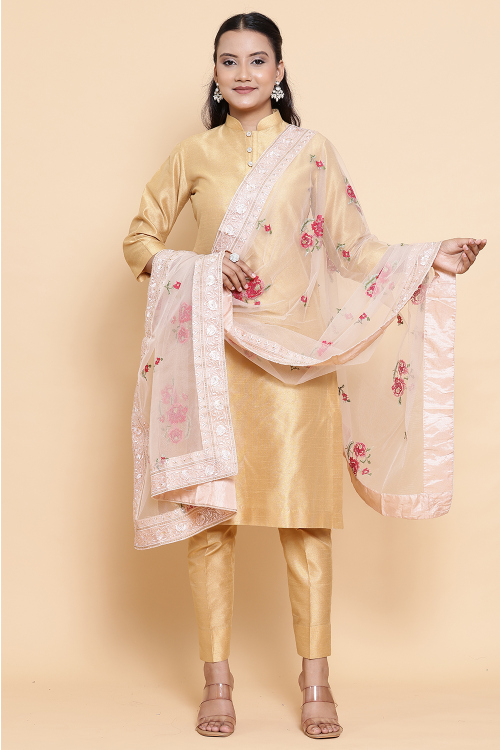 Light Peach Net Resham Thread Embroidered Dupatta