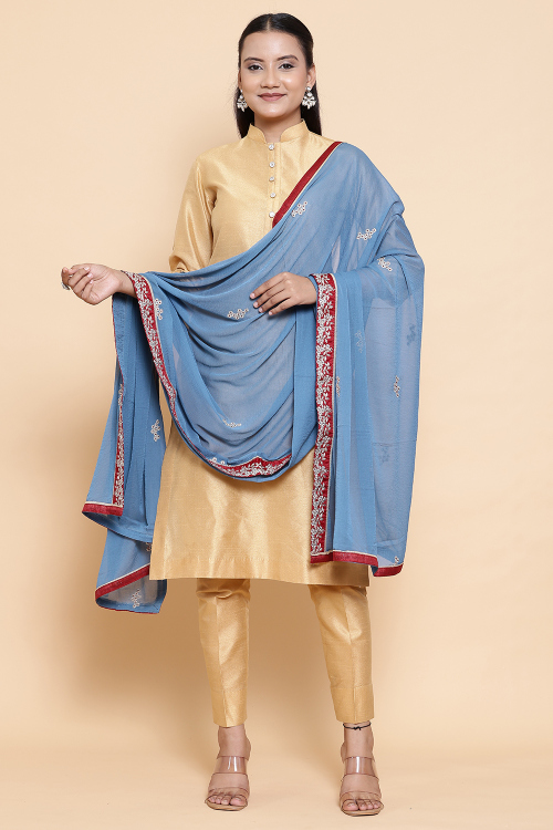 Dusty Blue Chiffon Resham Thread Embroidered Dupatta