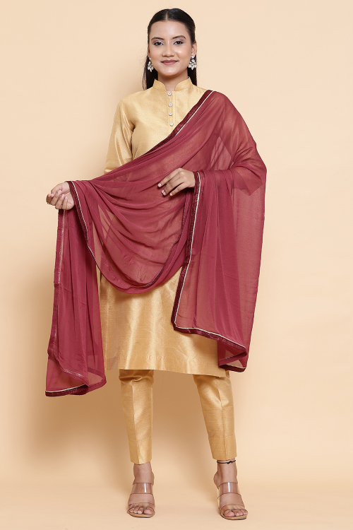 Light Maroon Chiffon Lace Embroidered Dupatta