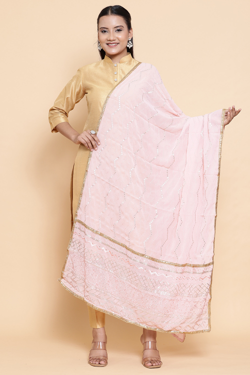 Light Pink Chiffon Resham Thread Embroidered Dupatta