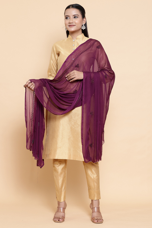 Plum Purple Chiffon Resham Thread Embroidered Dupatta