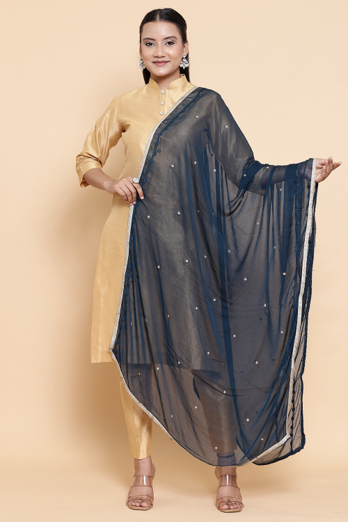 Teal Blue Chiffon Lace Embroidered Dupatta