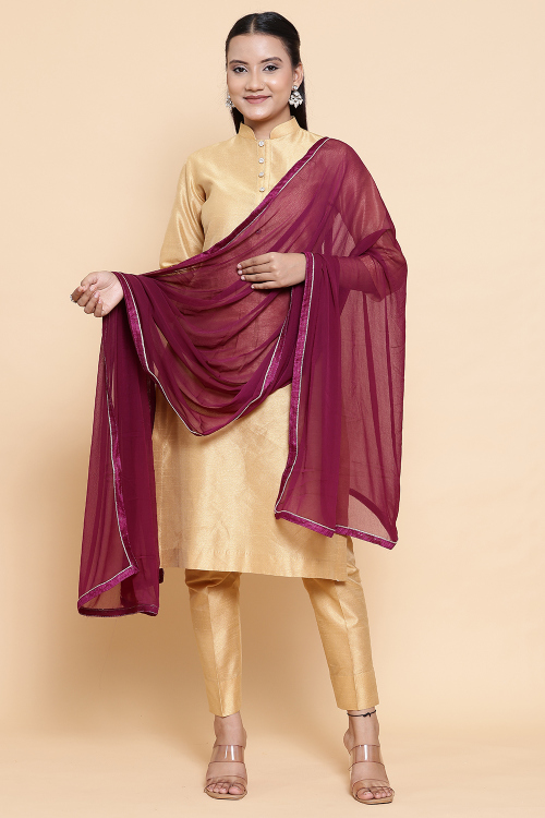 Plum Purple Chiffon Lace Embroidered Dupatta
