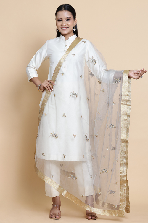 Ash Grey Net Zari Embroidered Dupatta