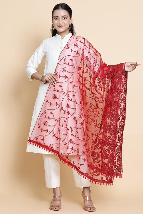 Cherry Red Net Resham Thread Embroidered Dupatta