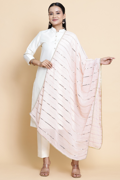 Light Pink Georgette Resham Thread Embroidered Dupatta