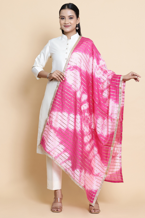 Hot Pink Cotton Printed Dupatta