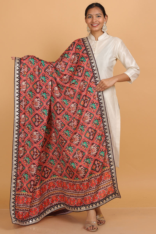 Wine Maroon Patola Printed Art Silk Dupatta