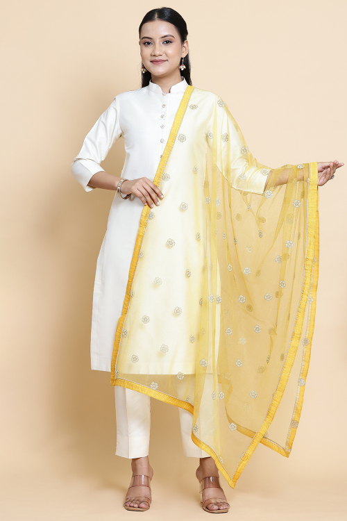 Mustard Yellow Net Beads Embroidered Dupatta