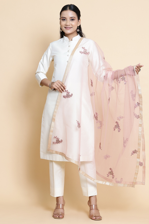 Dusty Pink Net Resham Thread Embroidered Dupatta