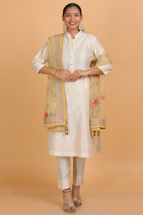 Beige Net Dupatta Featuring Resham, Zari, Lace and Sequins