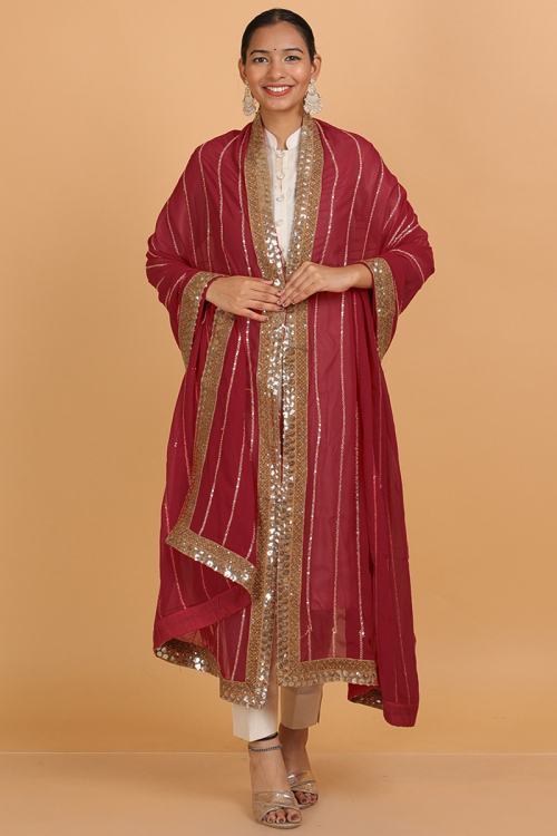 Wine Maroon Zari Embroidered Georgette Dupatta