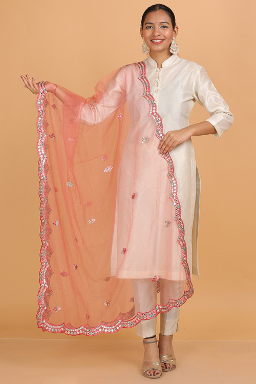 Salmon Peach Satin Saree with Dori Embroidery in Light Weight