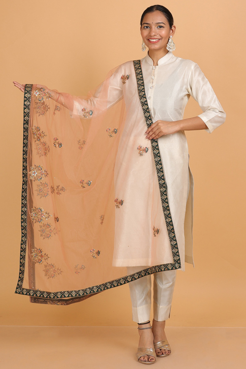 Salmon Peach Resham Embroidered Net Dupatta