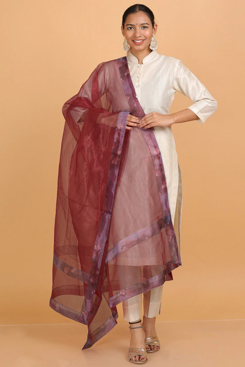 Maroon Plain Organza Dupatta