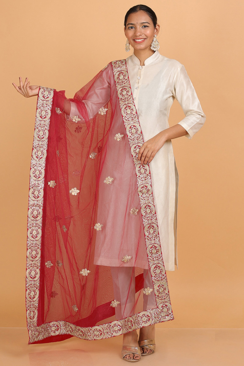 Cherry Red Dori Embroidered Net Dupatta