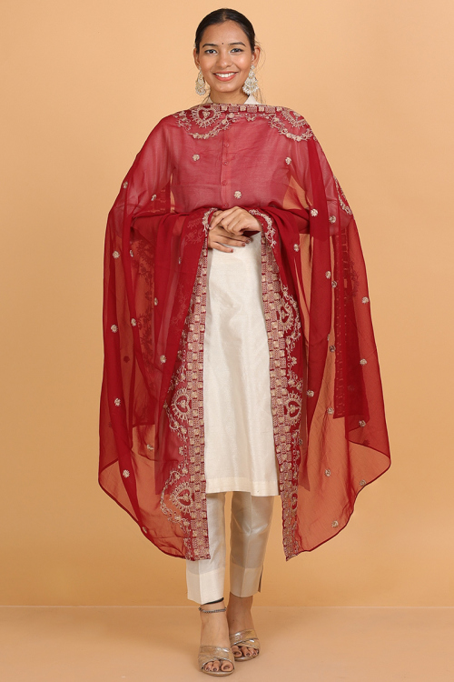 Deep Red Georgette Zari Work Embroidered Dupatta