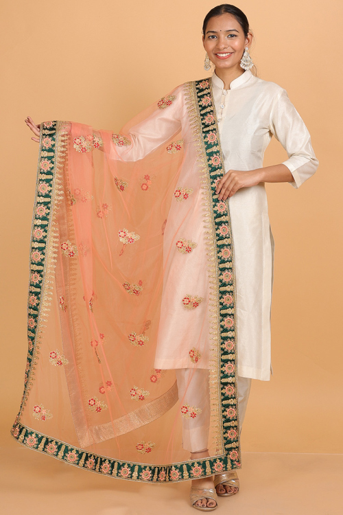 Coral Peach Net Resham Embroidered Dupatta 