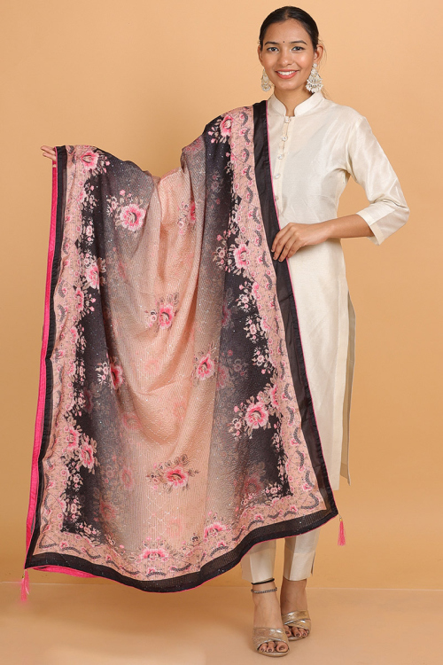 Peach Art Silk Printed Dupatta 