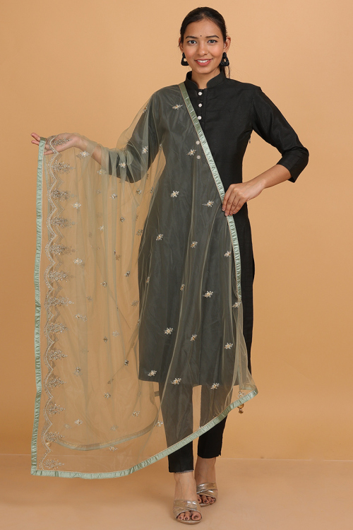 Sage Green Embroidered Dupatta In Net