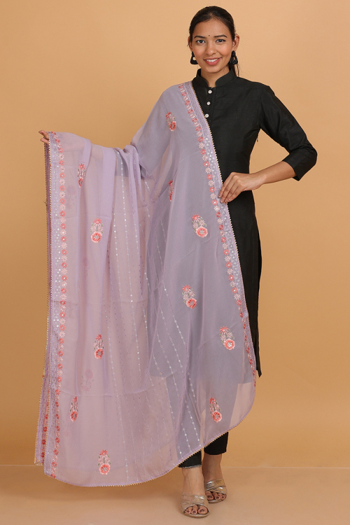 Light Purple Georgette Resham Embroidered Dupatta 