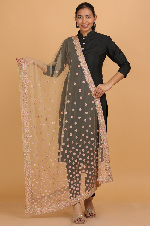Light Peach Net Resham Embroidered Dupatta 