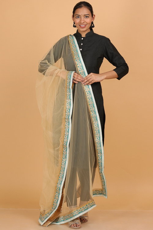 Light Orange Net Lace Embroidered Dupatta 