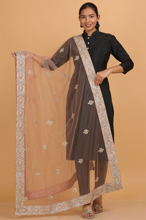 Dusty Peach Net Dupatta with Dori and Sequins Embroidery