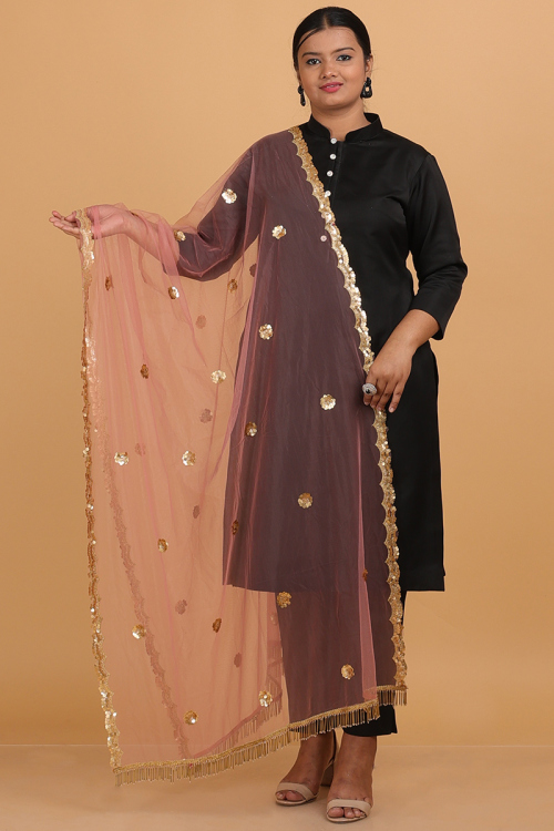 Coral Pink Net Sequins Embroidered Dupatta 