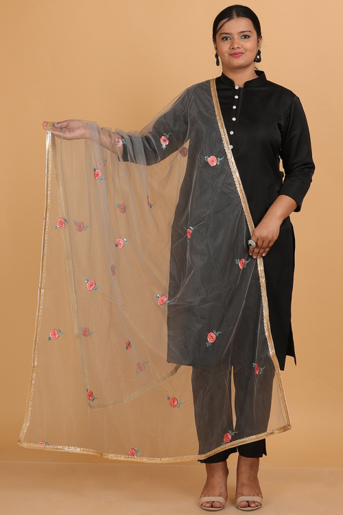 Light Grey Net Dupatta with Lace and Sequins Detailing