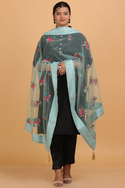 Mint Blue Net Resham Embroidered Dupatta 