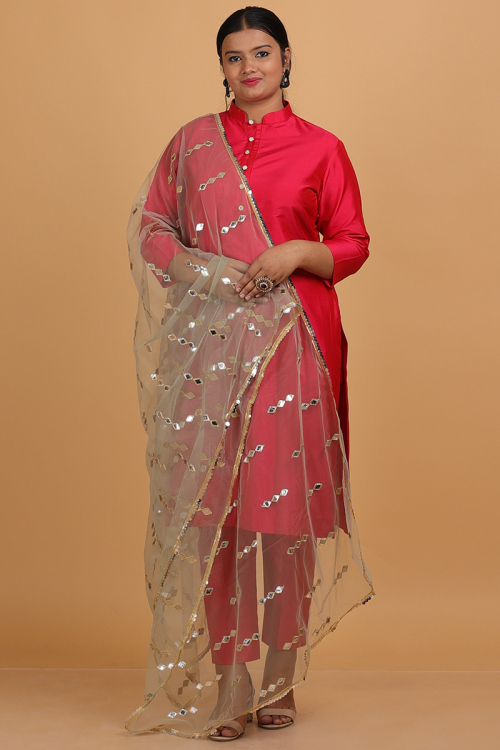 Pistachio Green Net Faux Mirror Embroidered Dupatta 