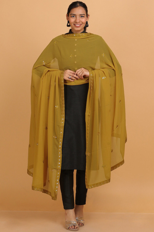 Georgette Turmeric Yellow Embroidered Dupatta With Lace Work