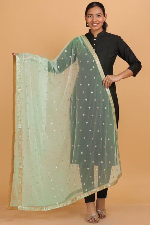 Light Green Embroidered Net Dupatta With Lace Work