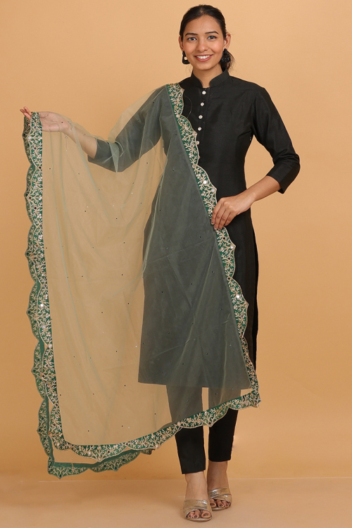 Dusty Green Net Dupatta With Lace Work With Stone