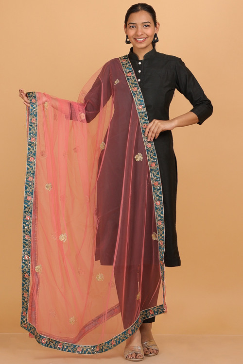 Salmon Pink Zari Embroidered Net Dupatta With Lace Work