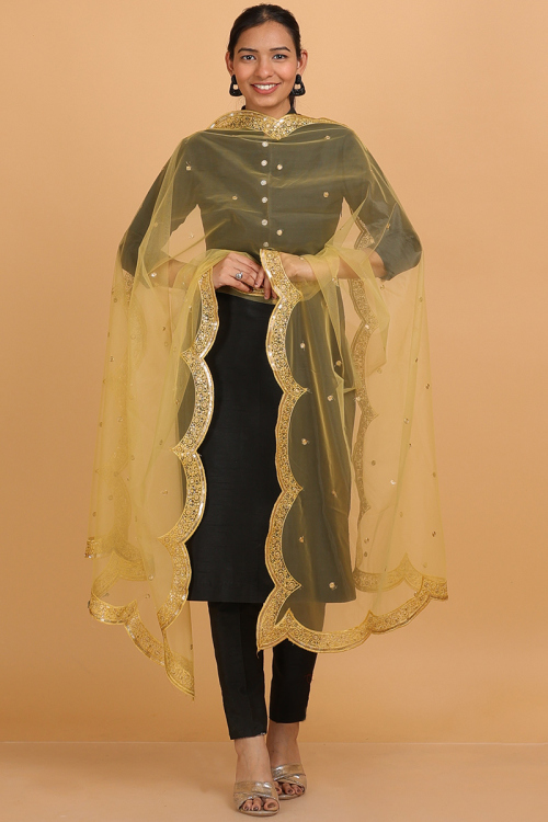 light Yellow Zari Embroidered Net Dupatta With Lace Work