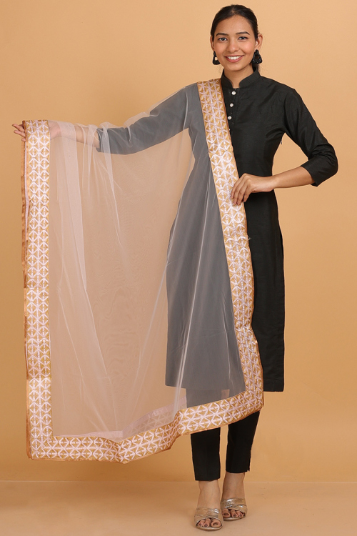 Pale Pink Net Dupatta With Lace Work