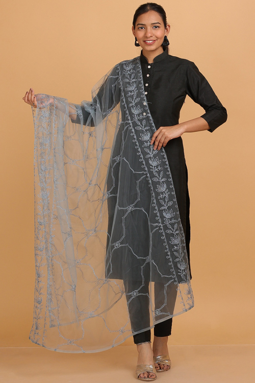 Light Grey Net Embroidered Dupatta With Dori Work