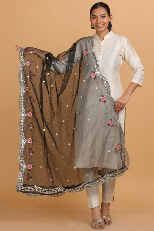 Black Net Embroidered Dupatta With Resham Work