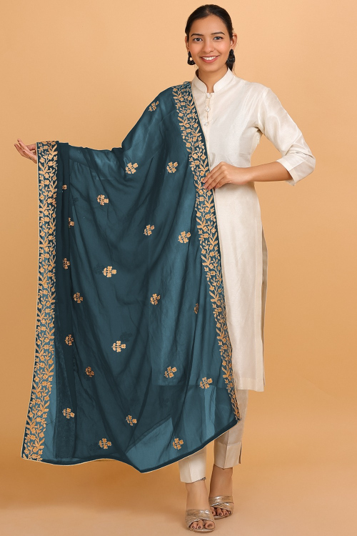 Teal Blue Georgette Dupatta With Dori Work