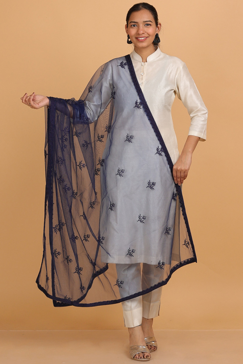 Navy Blue Net Dupatta With Lace Work
