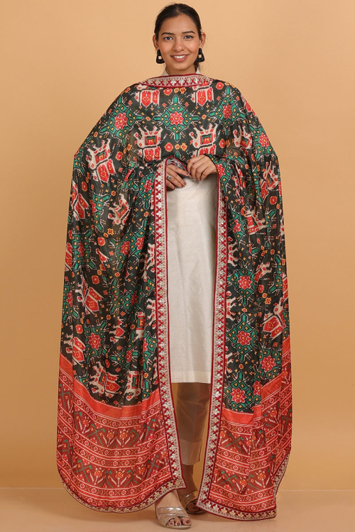 Bottle Green Patola Print Art Silk Dupatta With Lace Work