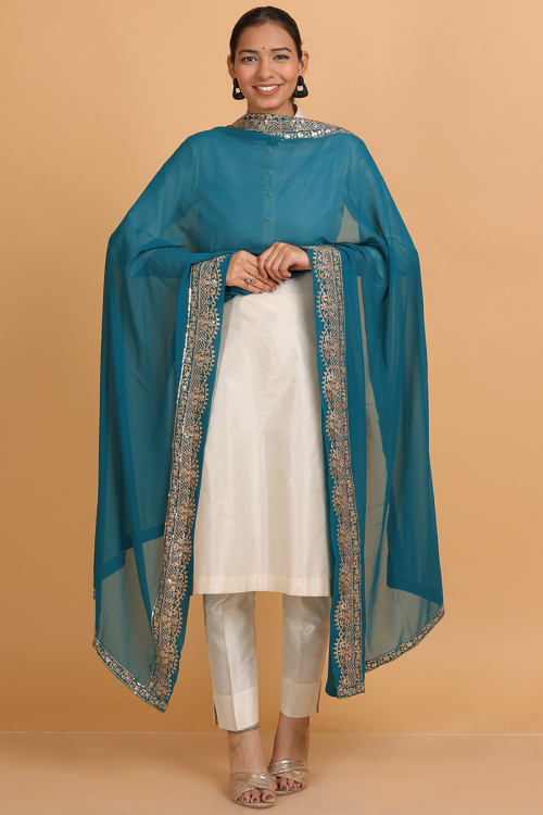Sea Blue Georgette Lace Embroidered Dupatta