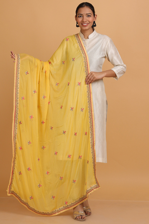Light Yellow Zari Embroidered Chinnon Dupatta