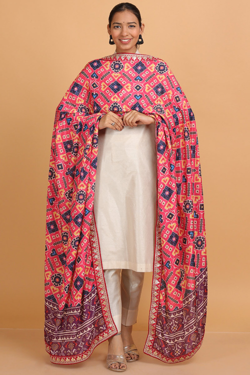 Cerise Pink Patola Printed Art Silk Dupatta