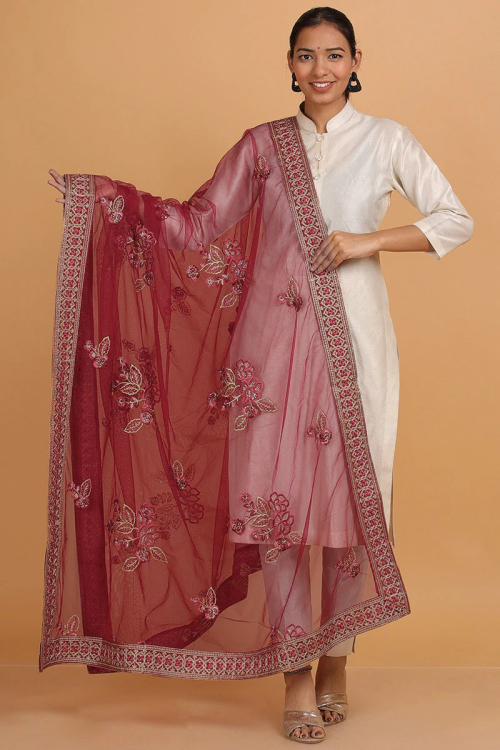 Deep Red Zari Embroidered Net Dupatta