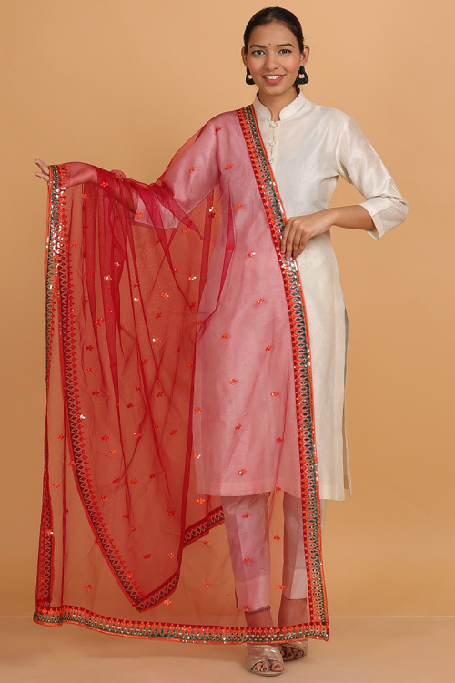 Sequins Embroidered Red Net Dupatta