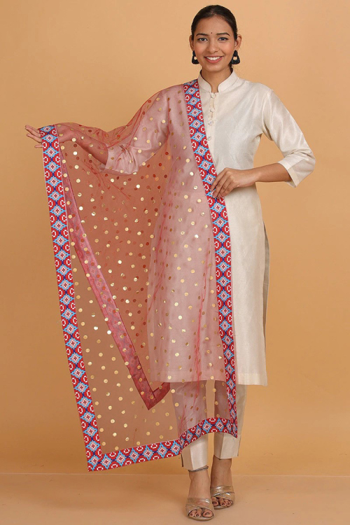 Foil Printed Net Deep Red Dupatta