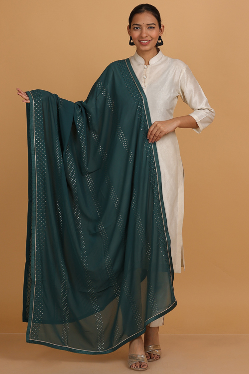 Georgette Sequins Embroidered Dark Peacock Green Dupatta